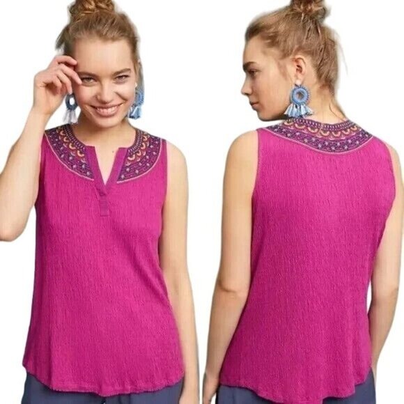 Anthropologie‎ Shirt Women Extra Small Purple Sleeveless Vizela Embroidered Top - Picture 1 of 12